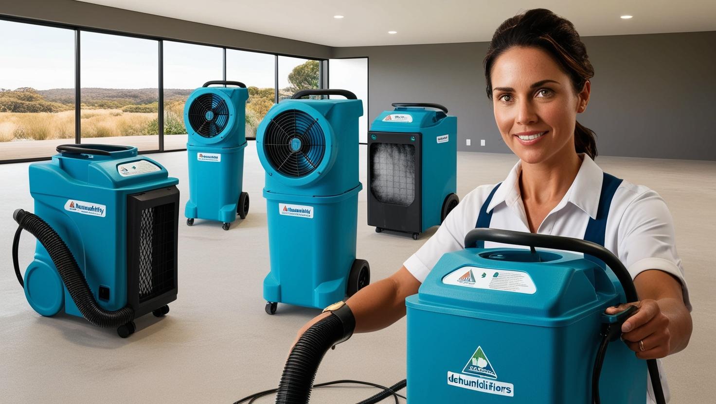 Woman using blue dehumidifiers and air movers for effective atmosphere management in a spacious room Woman using blue dehumidifiers and air movers for effective atmosphere management in a spacious room
